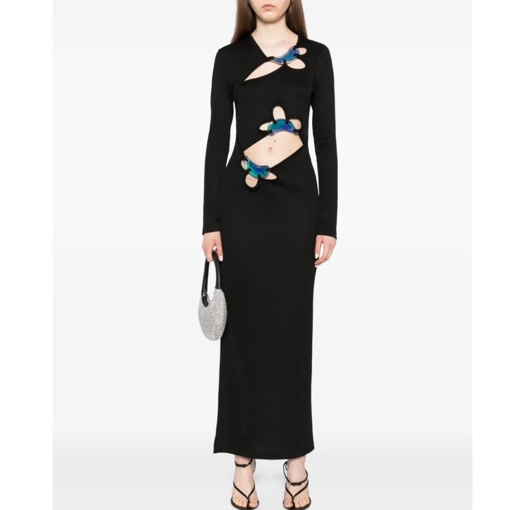 Christopher Esber Black Long-Sleeve Cutout Maxi Dress with Blue Accents NWT